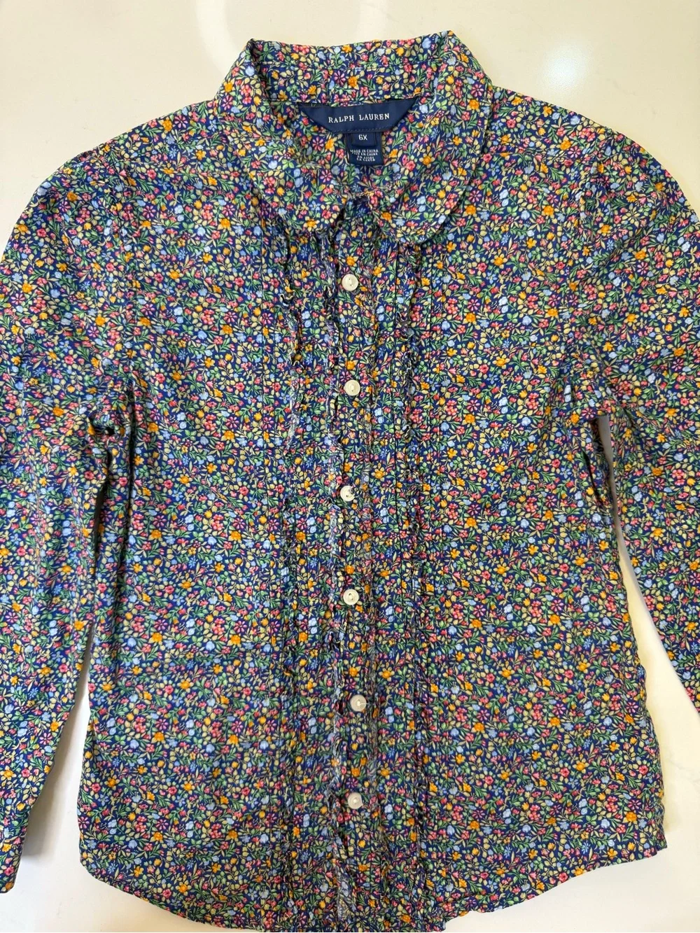 Ralph Lauren Girls 6X Floral Ruffle Button Down 100% Cotton Navy Cottagecore